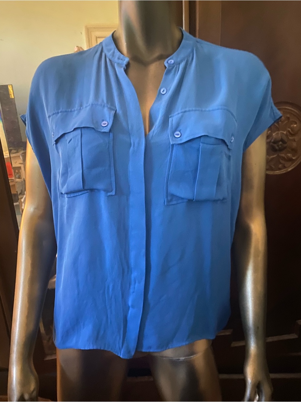 Vince Royal Blue Short-Sleeve Button Pocket Blouse